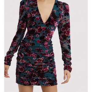 Ronny Kobo Velvet Burnout Floral Green Pink Dress V Neck Ruched Longsleeve Small